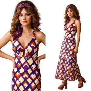 Vintage 70s Psychedelic Print Maxi Halter Dress | Empire Waist Colorful | XS/S